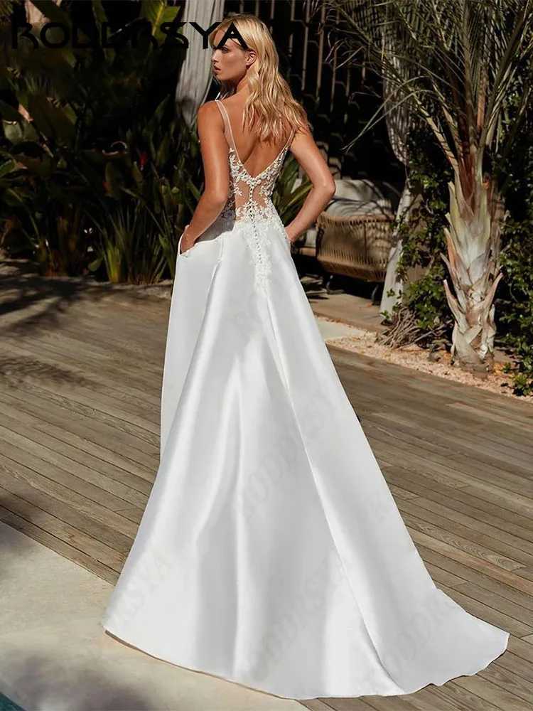 RODDRSYA Simple Satin Wedding Dresses Elegant V-Neck Insertable Pocket Bridal Party Sexy Button Backless vestidos de novia 2024 C260331