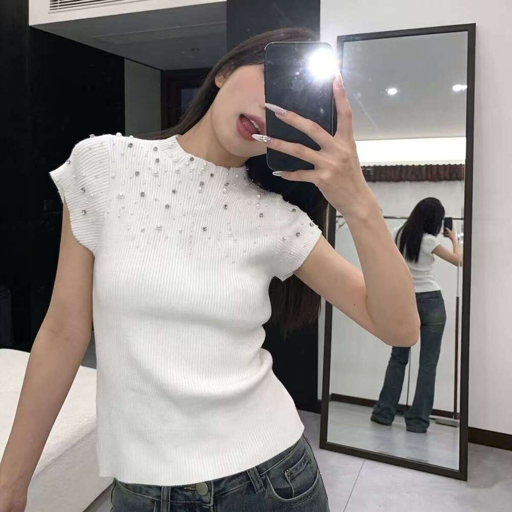 Sweet and elegant bead and rhinestone semi FC high neck short sleeved pullover knitted slim fit k30 women's top for spring and summer of 2026