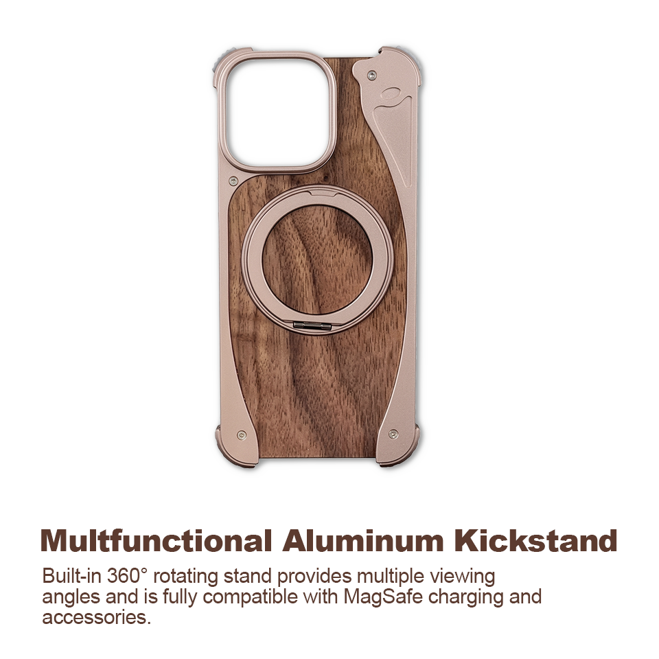 Luxury Walnut Wood MagSafe Case with Built-in Aluminum Swivel Stand for iPhone 15 pro /15 pro Max
