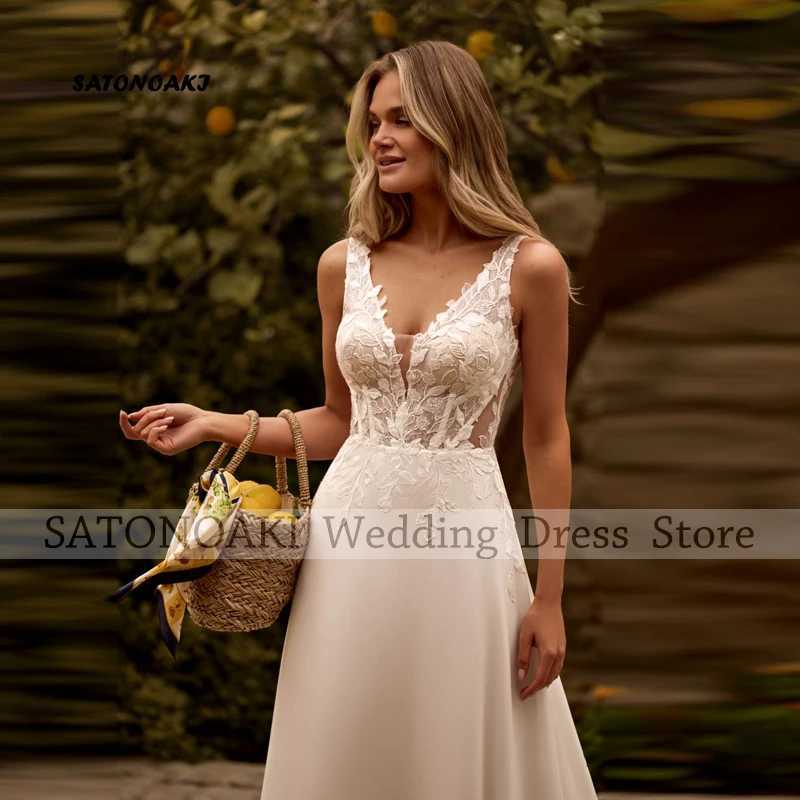Customized Elegant Simple V-Neck Lace Chiffon Wedding Dress for Women A-Line Sleeveless Appliques Bride Gown Vestidos De Novia C260331