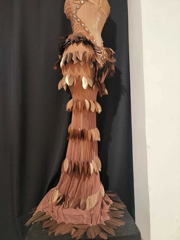 Sexy brown Leaves rhinestone Evening Dancewear fishtail dress Celebrate Catwalk Show nightclub Performance Stage Outfit costume C260331