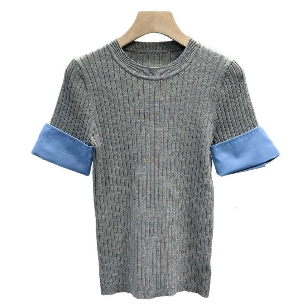 Designer women's French light luxury slim ribbed sweater with contrasting color k30 splicing short sleeved round neck knitted top