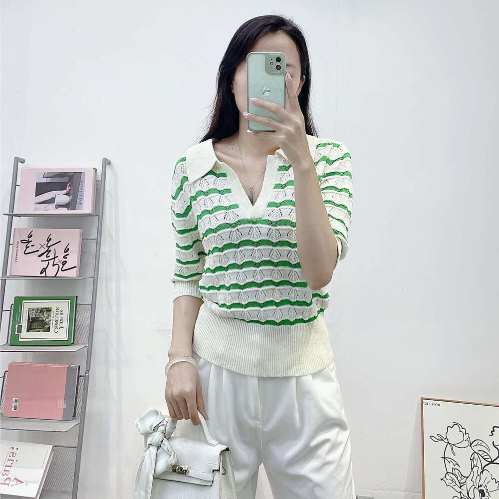 2026 Summer New Designer Thin Knitted k30 POLO Collar Green Stripe V-Neck Hollow Crochet Short Sleeve Knitted Top