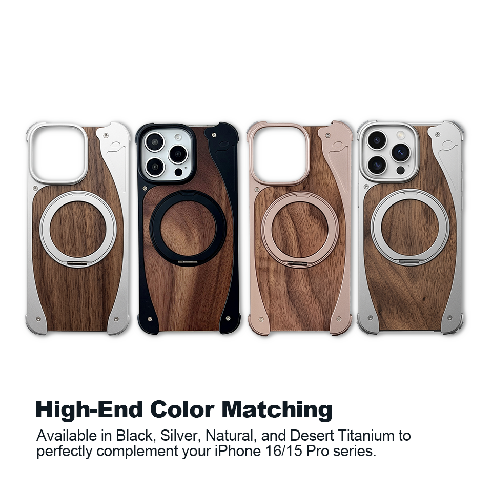 Luxury Walnut Wood MagSafe Case with Built-in Aluminum Swivel Stand for iPhone 15 pro /15 pro Max