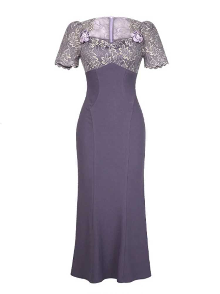 Elegant Evening Dress Womens French Sweet Sheer Lace Splice Fishtail Robe Female Party Catwalk Vestidos Banquet Clothes C260331