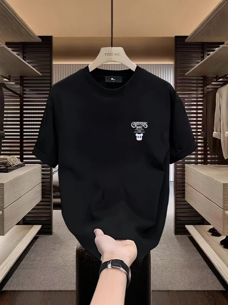 2026 New Arrivals Men's Streetwear T-Shirts | Bear & Letter Graphic Crew Neck 100% Cotton Slim-Fit Short Sleeve Tops