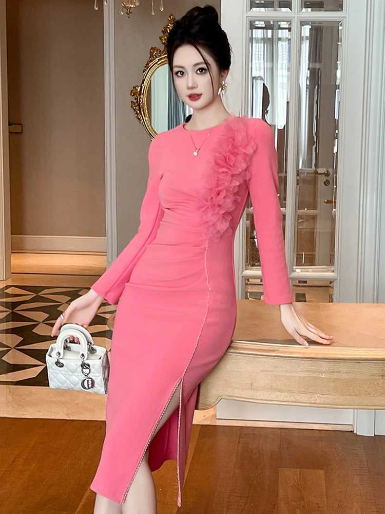 Banquet Evening Dress Women Elegant Style Flower Beading Folds Slit Robe Female Party Prom Vestidos Catwalk Gown C260331