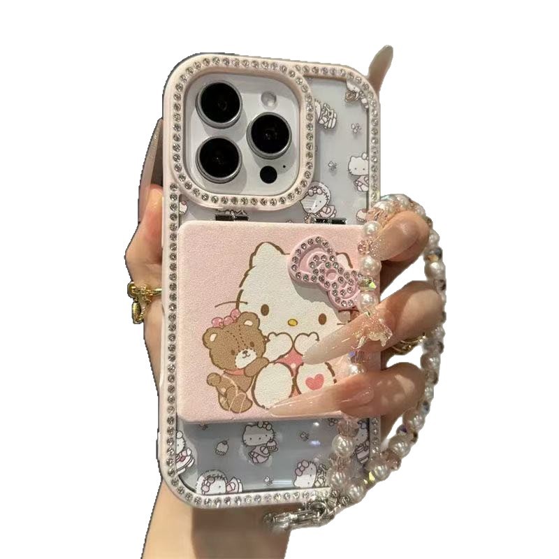 Makeup Mirror Drilled Edge HelloKitty Cat iPhone Case Girl Pink Cartoon Holder