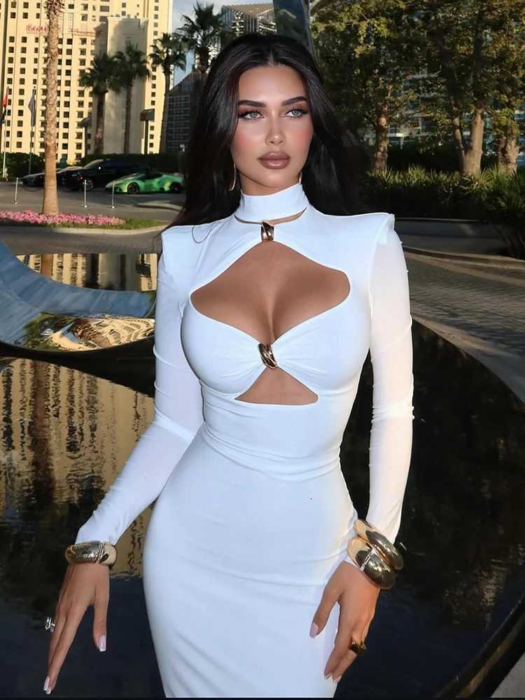 Elegant Party Dresses For Women Fashion Sexy Solid Full Sleeves Hollow Out Turtleneck Sheath Hip Wrap Long Vestidos Robes Female C260331