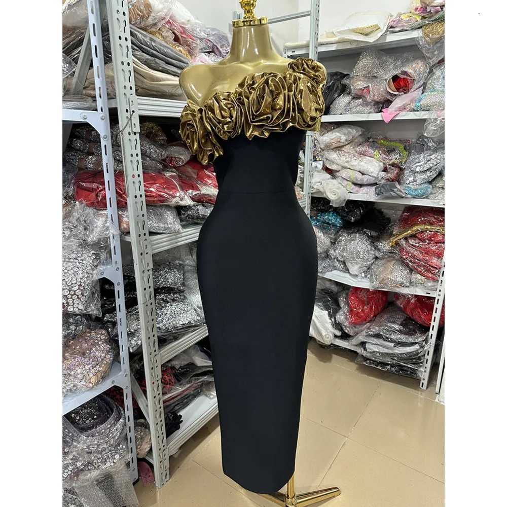 Factory Women Birthday Dress Luxury Gold Flowers One Shoulder Long Elastic Bandage Dress Celebrity Evening Party Gowns C260331