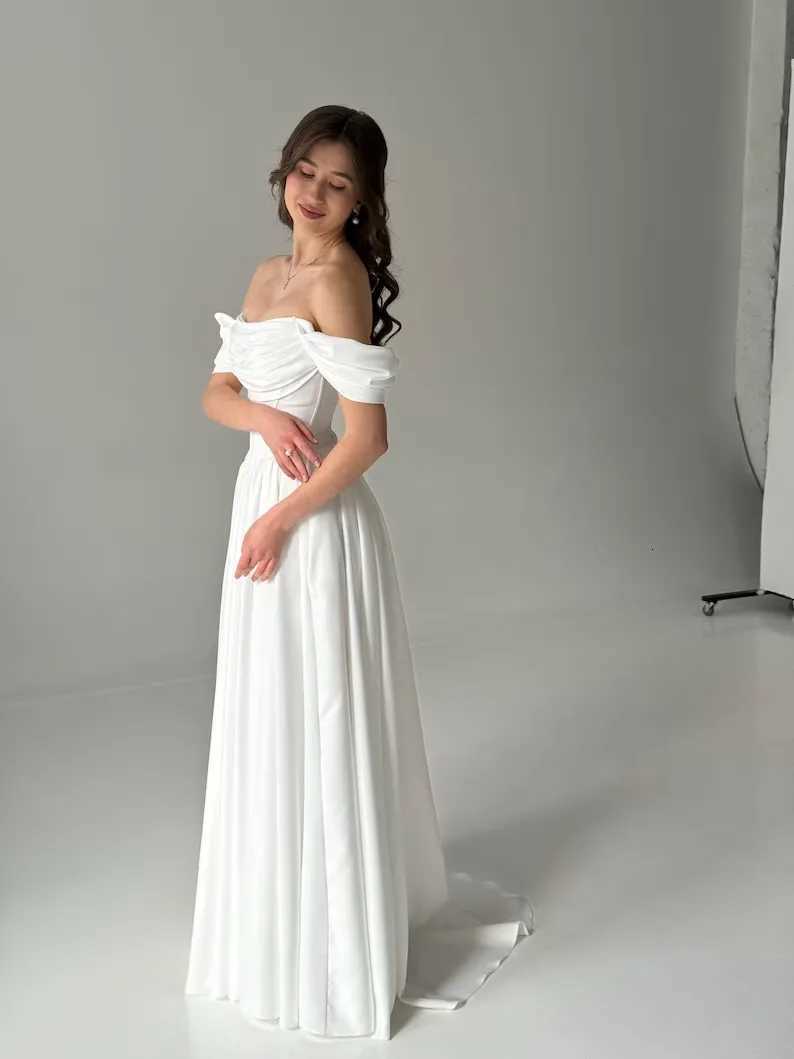 Customized Rode De Morrie 2026 Popular Off The Shoulder Pleat Sweetheart Thick Satin A Line Wedding Dress V-shape Waistline C260331