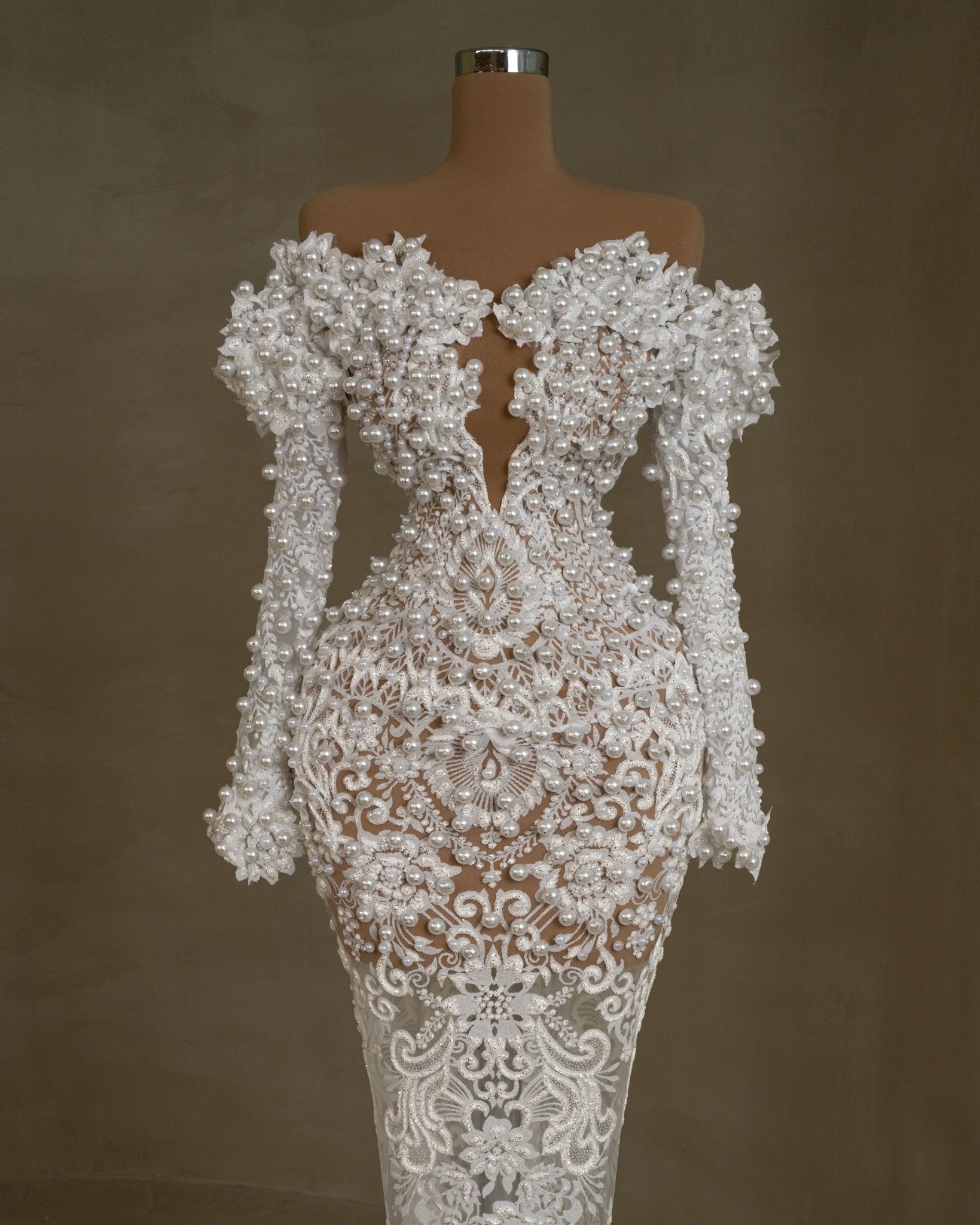 Elegant Appliques Wedding Dresses Mermaid Off Shoulder Pearls Long Sleeve Bridal Gowns Customized Vestido de novia