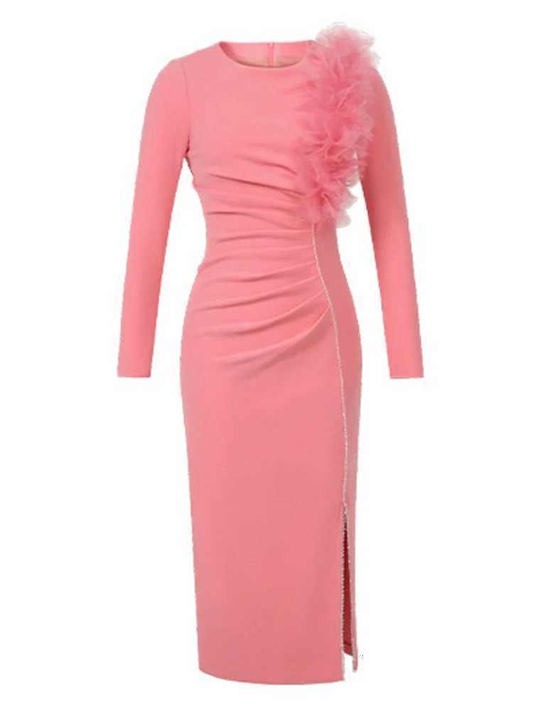 Banquet Evening Dress Women Elegant Style Flower Beading Folds Slit Robe Female Party Prom Vestidos Catwalk Gown C260331