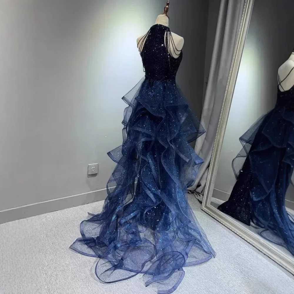 Elegant Sparking Navy Blue Evening Dresses Halt Beading Party Gown Customized Prom Dress 2025 C260331