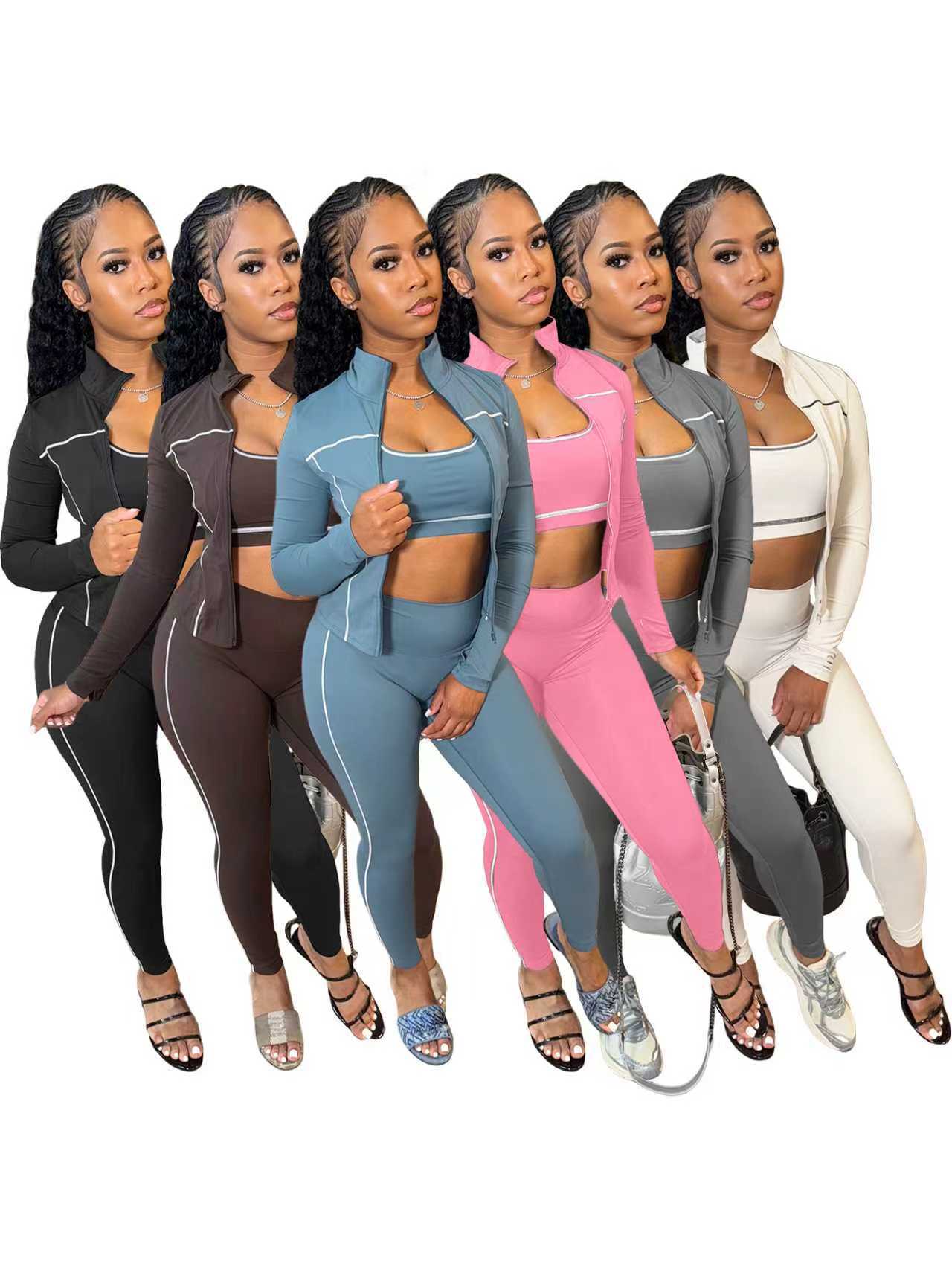 New European and American Fashion Women's I-shaped Tank Top Zipper Thumb Button Long Sleeve Tight Pants 3-Piece Set for Women