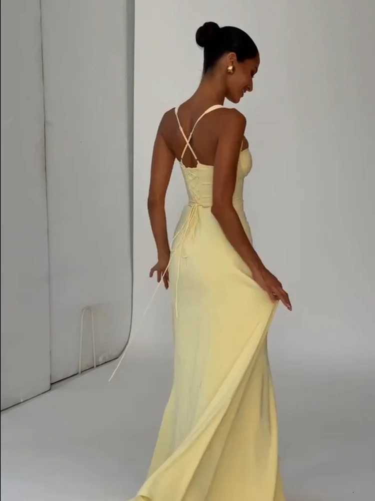 Yellow Low Cut Backless Lace Up High Waisted Maxi Dress Sleeveless Waist Cincher Spaghetti Strap Vestidos Party Club Women Robe C260331