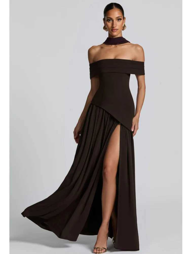 Articat Elegant Off-Shoulder Slit Ruched Party Club Evening Dress Women Sexy Backless Slim Zipper Long Dress Formal Dress 2025 C260331