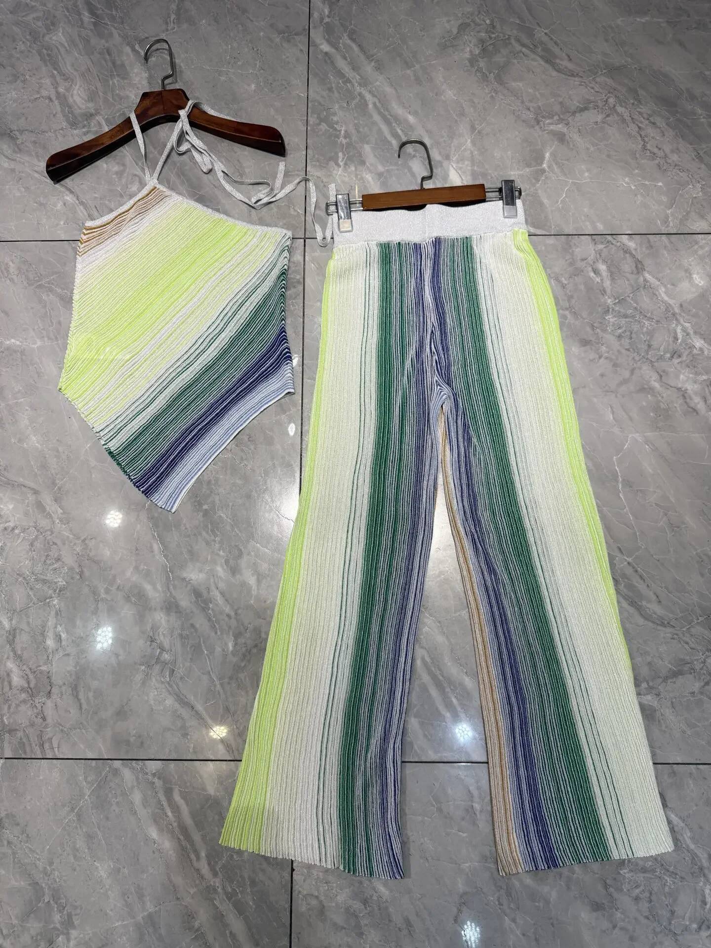 Metallic Sequined Striped Women Knitted Set 2025 New Slanted Shoulder Sleeveless Sexy Camisole + Elastic Waist Straight Pants