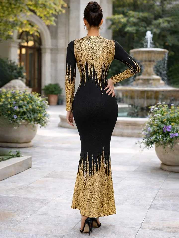 Womens Elegant Crew Neck Long Sleeve Evening Party Floor Length Print Casual Long Mermaid Bodycon Sheath Long Dress C260331