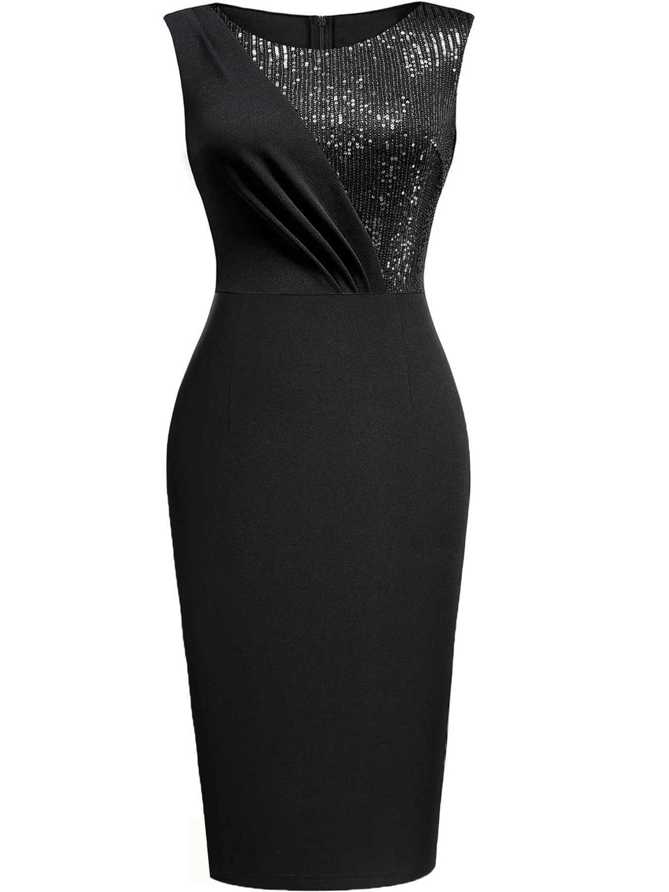 Womens Elegant Sleeveless Sequin Patchwork Black Knee Length Colorblock Business Cocktail Party Pencil Bodycon Sheath Dress C260331