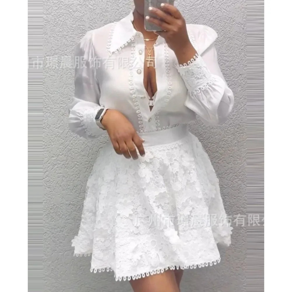 Fashion White Lace Patchwork Long-sleeved Shirt Women Dress Set Autumn Elegant Lace Short Skirt Woman 2 Piece Skirt Set 260330