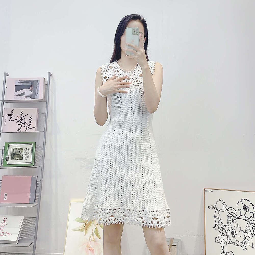2026 k30 summer new designer elegant and sexy hollow out embroidered floral patchwork pure cotton knitted women's dress