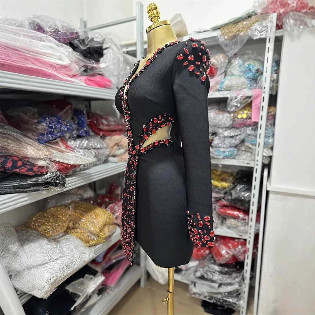 Women Long Sleeve Bandaeg Dress Red Crystal Cut Out Mesh Inset Deep V Neck Bodycon Mini High Street Evening Club Party Dresses C260331