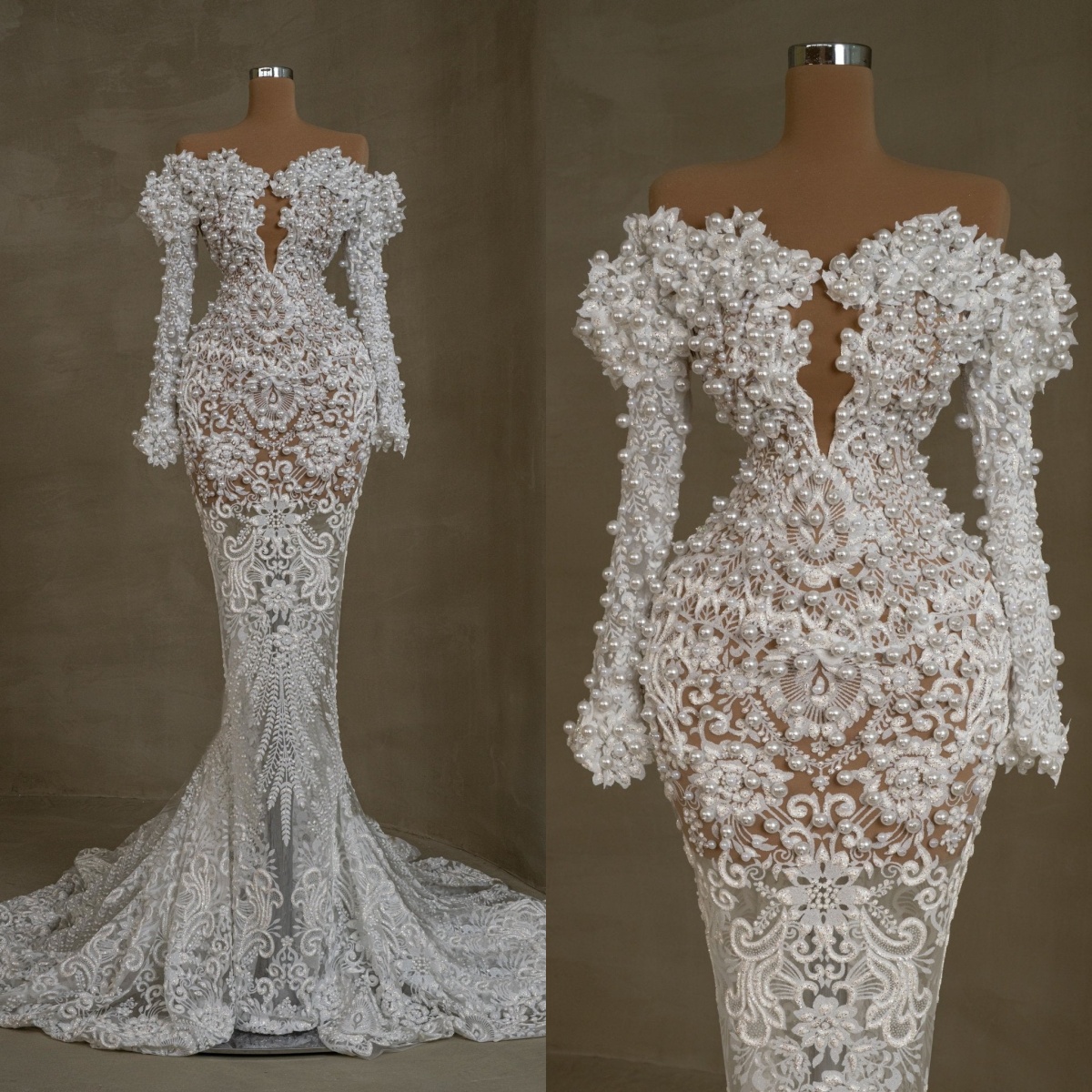 Elegant Appliques Wedding Dresses Mermaid Off Shoulder Pearls Long Sleeve Bridal Gowns Customized Vestido de novia