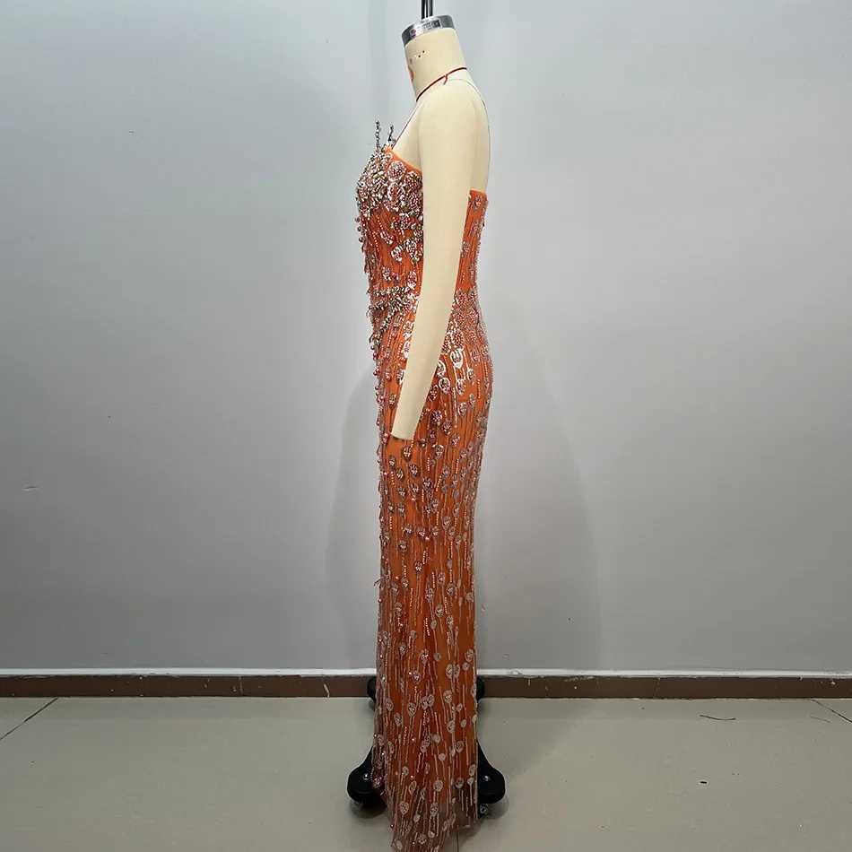 Sequin Evening Party Dress Sexy Strapless Pearls Crystals Embellished Catwalk Celebrity Prom Gown C260331