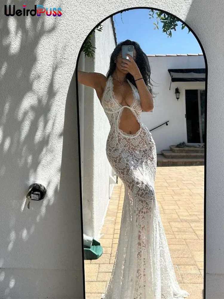 Weird Puss Lace Sexy Halter Dress Party Women Chic Backless Sleeveless Hollow Wedding Dinner Summer Vacation Bodycon Vestidos C260331