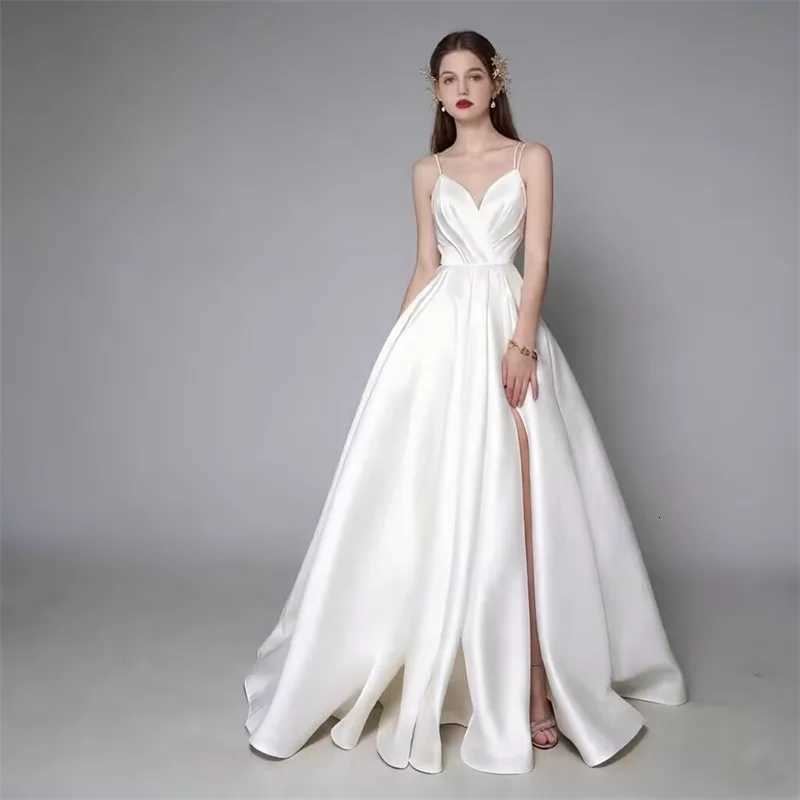 Customized Simple Satin Slit Solid Wedding Dresses Sexy Spaghetti Straps Pleats A Line Bridal Gown Vestido De Noiva with Pockets C260331