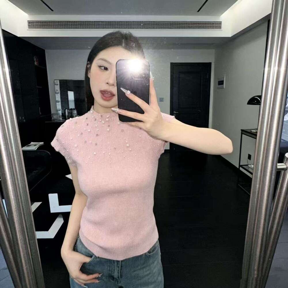 Sweet and elegant bead and rhinestone semi FC high neck short sleeved pullover knitted slim fit k30 women's top for spring and summer of 2026