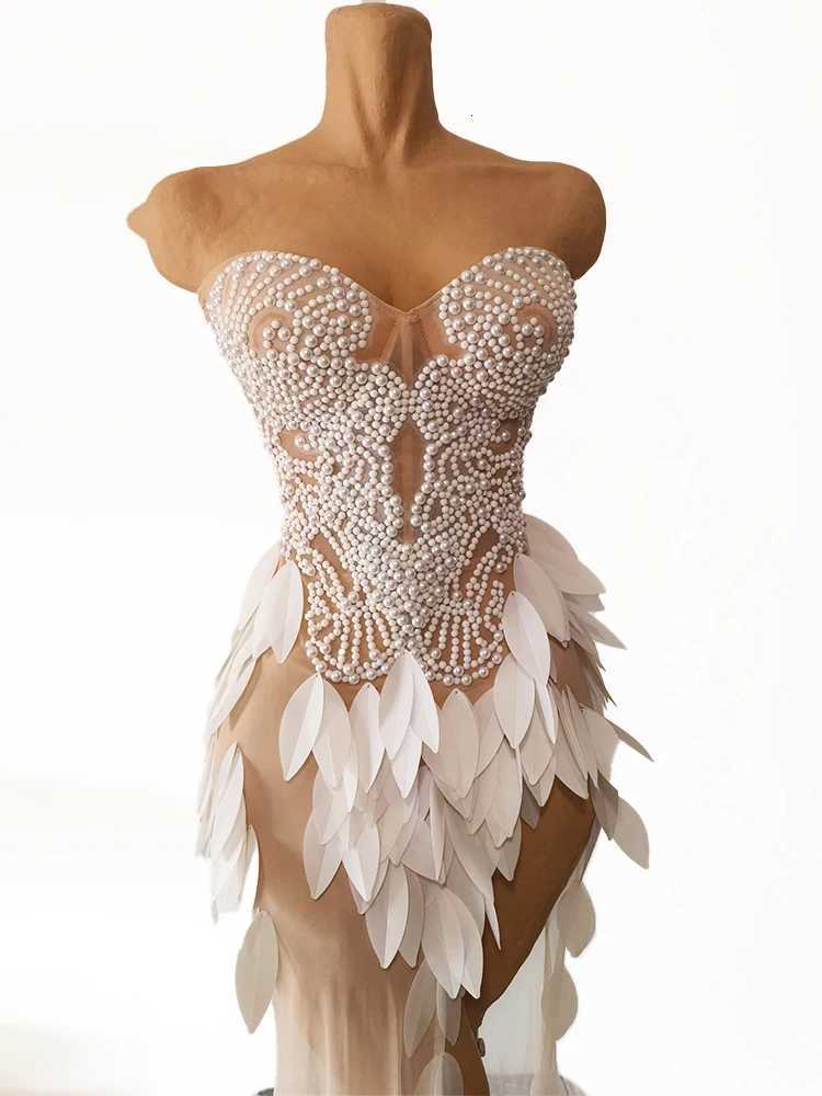 High Split 3d Designer Custom Pearl White Fishtail Dress See Thought Club Outfit Performance Drag Queen Dance Stage Catwalk Show C260331