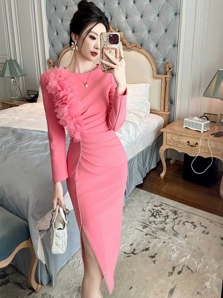Banquet Evening Dress Women Elegant Style Flower Beading Folds Slit Robe Female Party Prom Vestidos Catwalk Gown C260331