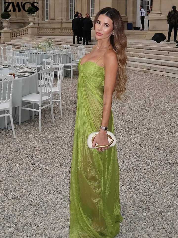 Green Pleated Party Gowns 2026 Summer New Female Sexy Off Shoulder Sleeveless Backless Sling Dresses Womens Solid Long Dress C260331