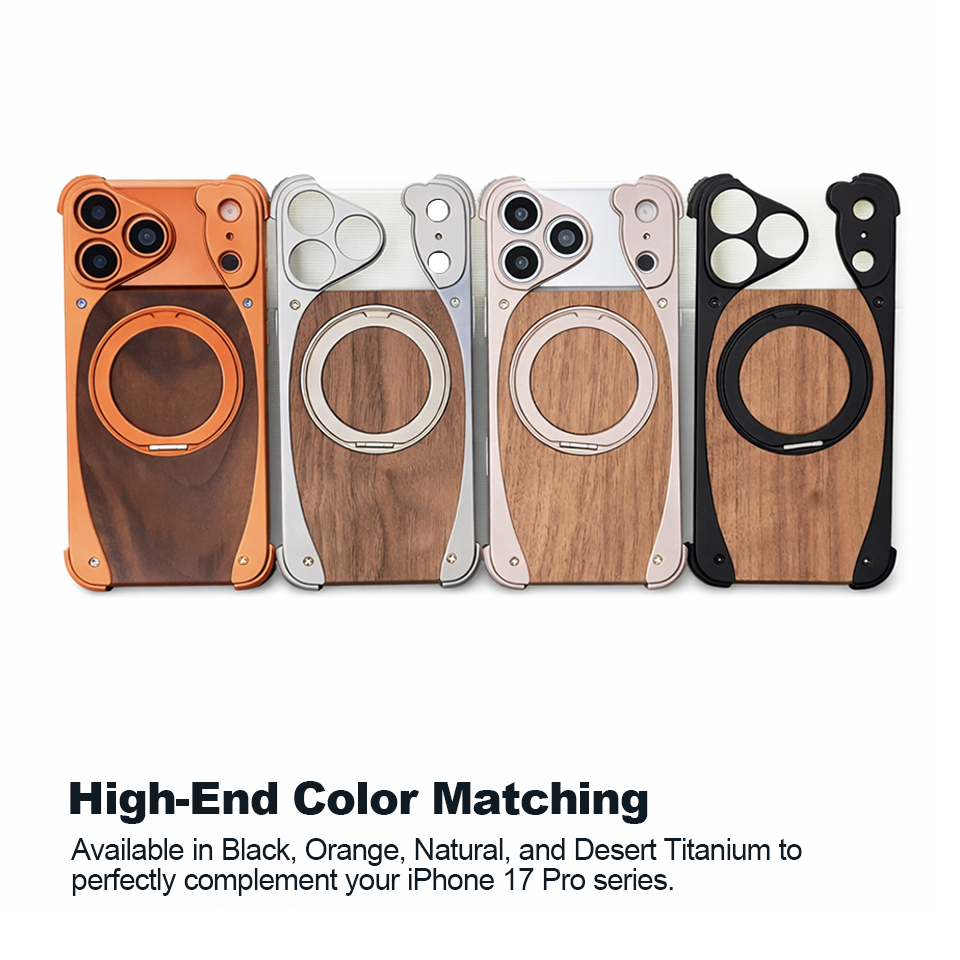 FASTAND Solid Wood Magnetic Phone Case for iPhone 17 Pro 360°Rotate Kickstand Wireless Charging Protective Cover