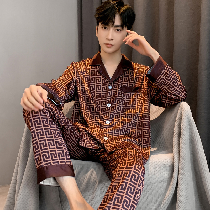 Luxury Brand Designer Clothes Silky Thin Ice Silk Pajamas For Men, Spring, Autumn, Summer, High-End Imitation Silk, Four Seasons Long Sleeve Homewear 