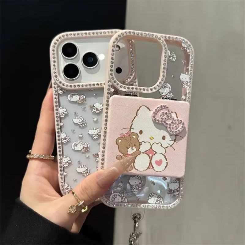 Makeup Mirror Drilled Edge HelloKitty Cat iPhone Case Girl Pink Cartoon Holder