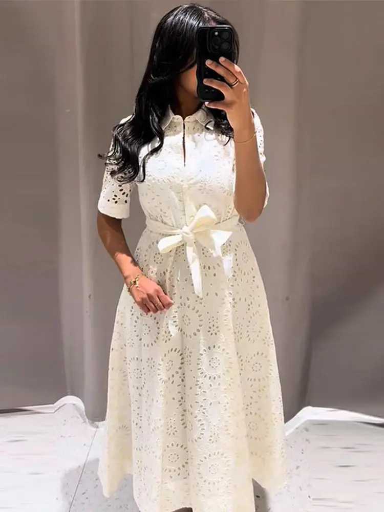 Elegant Embroidered Lapel Hollow Dress Women Fashionable Short Sleeve Belt High Waist Maxi Dresses Female Summer Chic Casual C260331