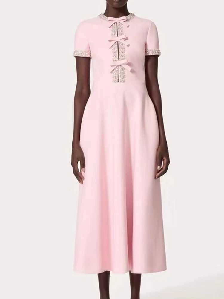 Heavy industry luxury bow short sLeeve dress high waist long skirt 2024 autumn womens new big swing A-line skirt C260331