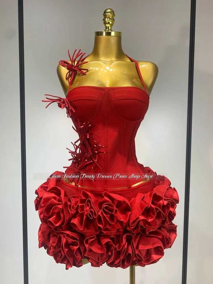 Customised Red Cocktail Dress Strapless Corset Top Bouffant Skirt Puffed Sleeves Special Occasion Ball Gown Birthday Party Dress C260331