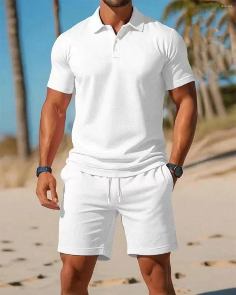 Men's Tracksuits Men's Business Casual Beach Sports Two-piece Set Drawstring Elastic Waist Shorts Button Access Control Lapeltop