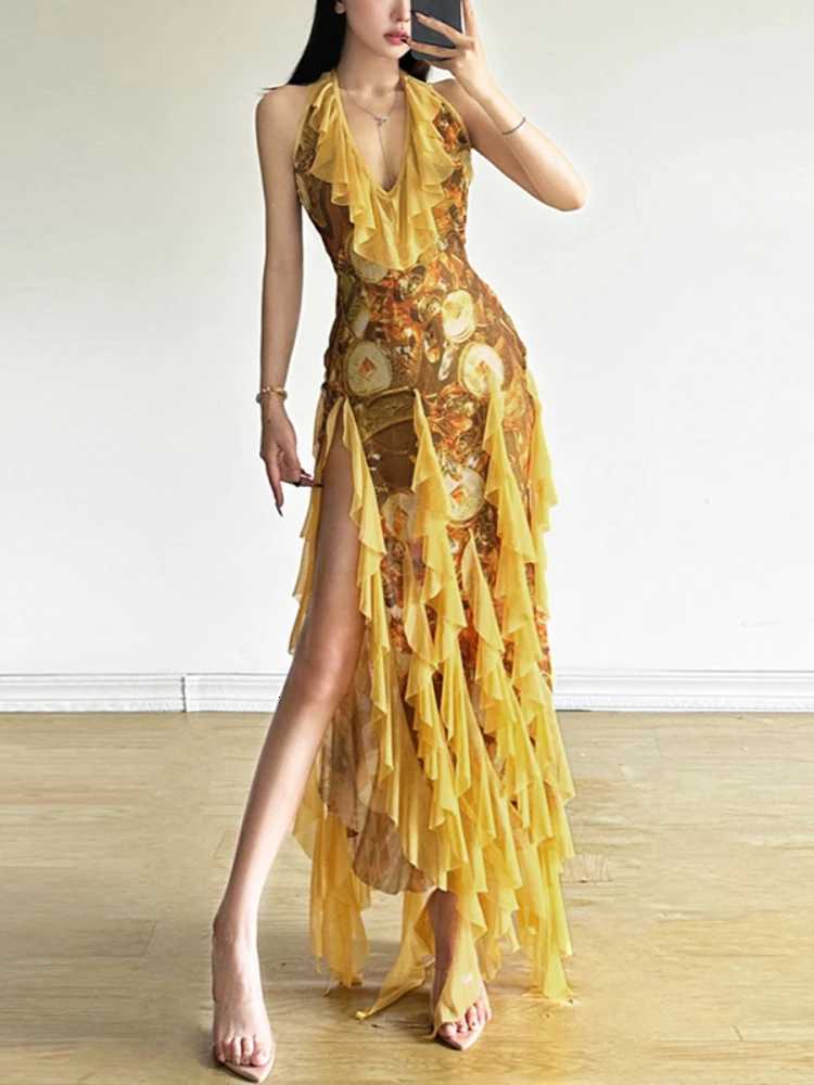 Print Split Maxi Dresses for Women 2026 Vestidos De Mujer Slim Waist Ruffled Temperament Robe Femme Y2K Halter Sexy Summer Dress C260331