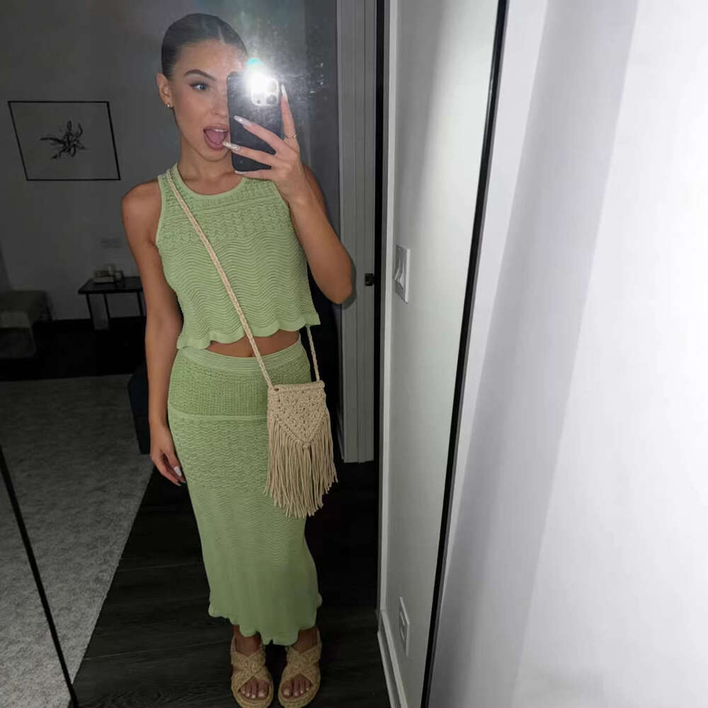 Designer French k30 wave crochet round neck FC hollow knit vest top+rear slit slim fit mid length skirt