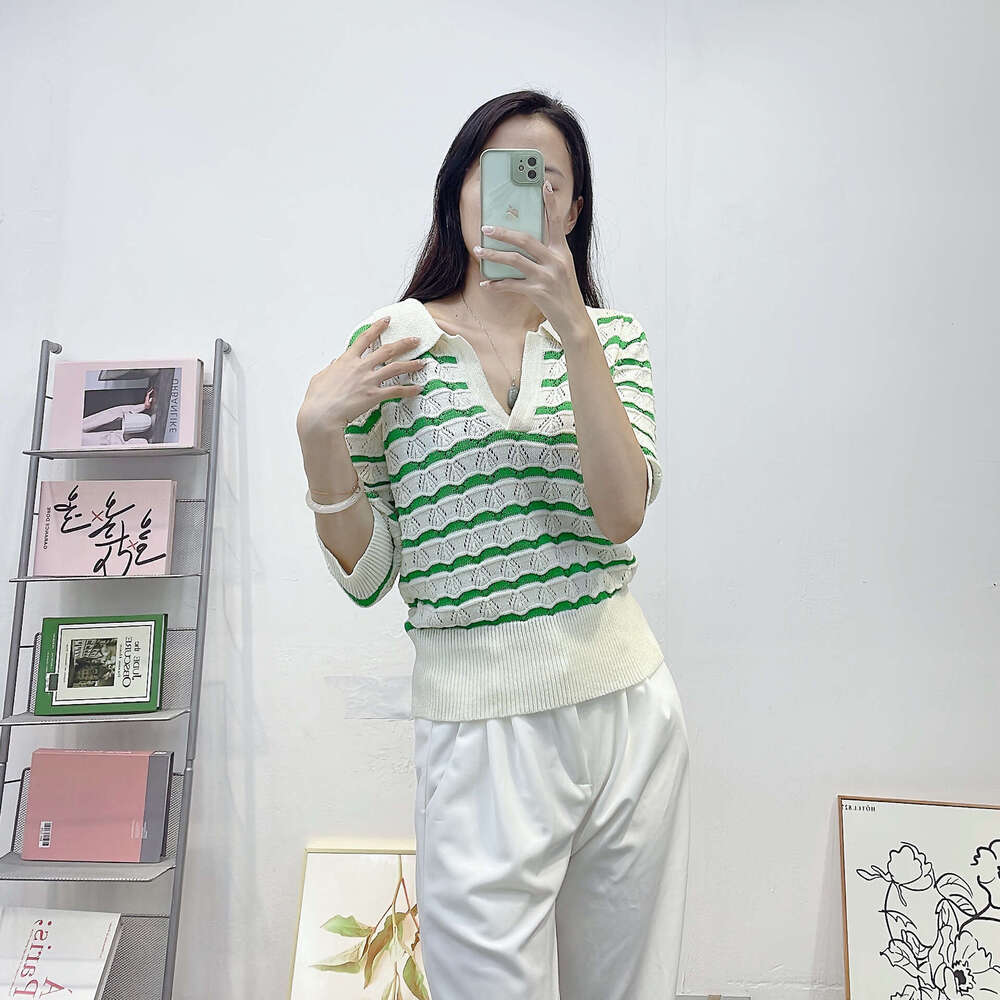 2026 Summer New Designer Thin Knitted k30 POLO Collar Green Stripe V-Neck Hollow Crochet Short Sleeve Knitted Top
