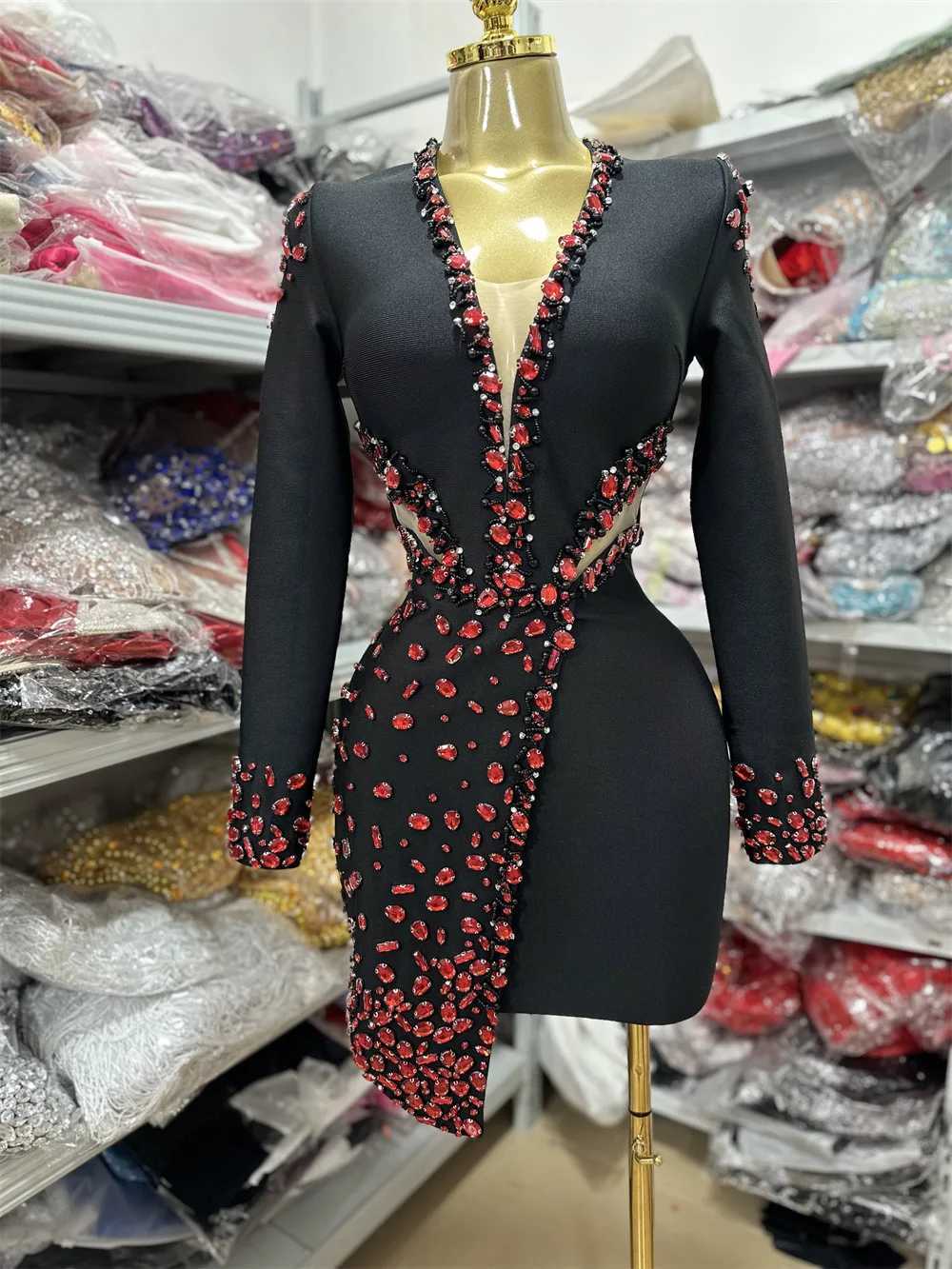 Women Long Sleeve Bandaeg Dress Red Crystal Cut Out Mesh Inset Deep V Neck Bodycon Mini High Street Evening Club Party Dresses C260331