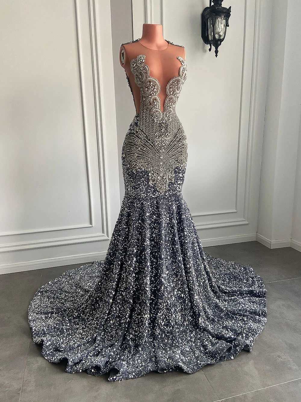 Sexy Long Sparkly Prom Dresses 2026 Sheer O-neck Luxury Silver Crystals Diamond Sequin Mermaid Black Girl Prom Party Gowns C260331