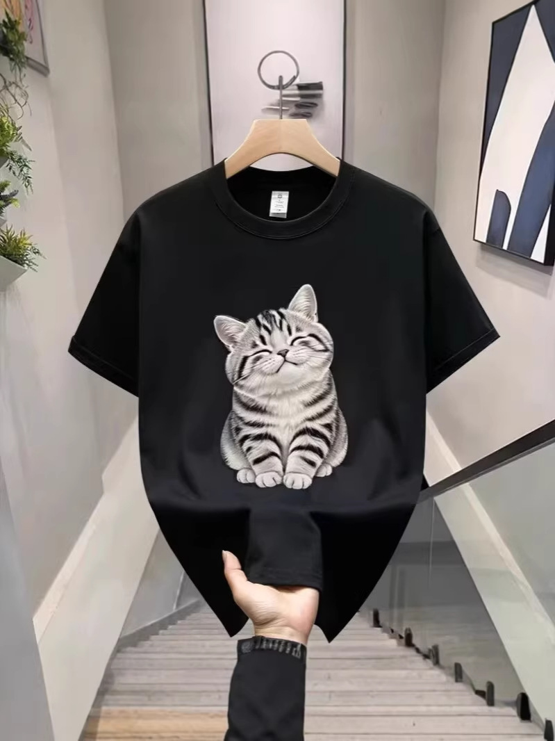 Men's INS Korean-Style T-Shirts | Cute Age-Reducing Cartoon Cat Graphic Black Crew Neck Regular Fit Versatile Skin-Whitening Casual Tops