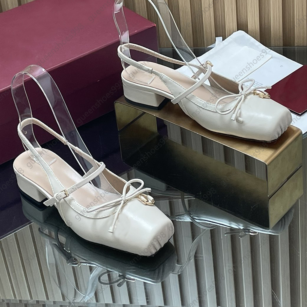 The Best Slingbacks Women Coarse Heel Luxury Designer Sandals Leather Splicing Party Low Heel Dress Shoes Square Toe Folded Metal Buckle Sandal With Box