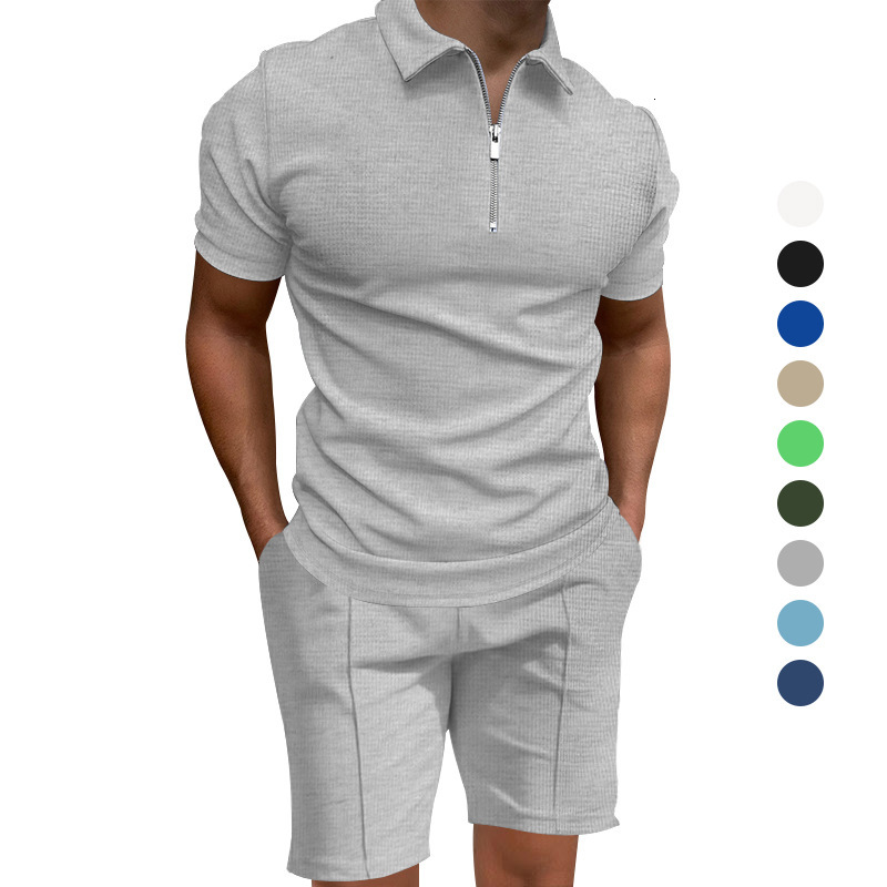 2025 Summer Mens Polo Shirt Set Solid Color Waffle Short Sleeve Slim Fit Turn-down Collar T-shirt Casual Mens Style